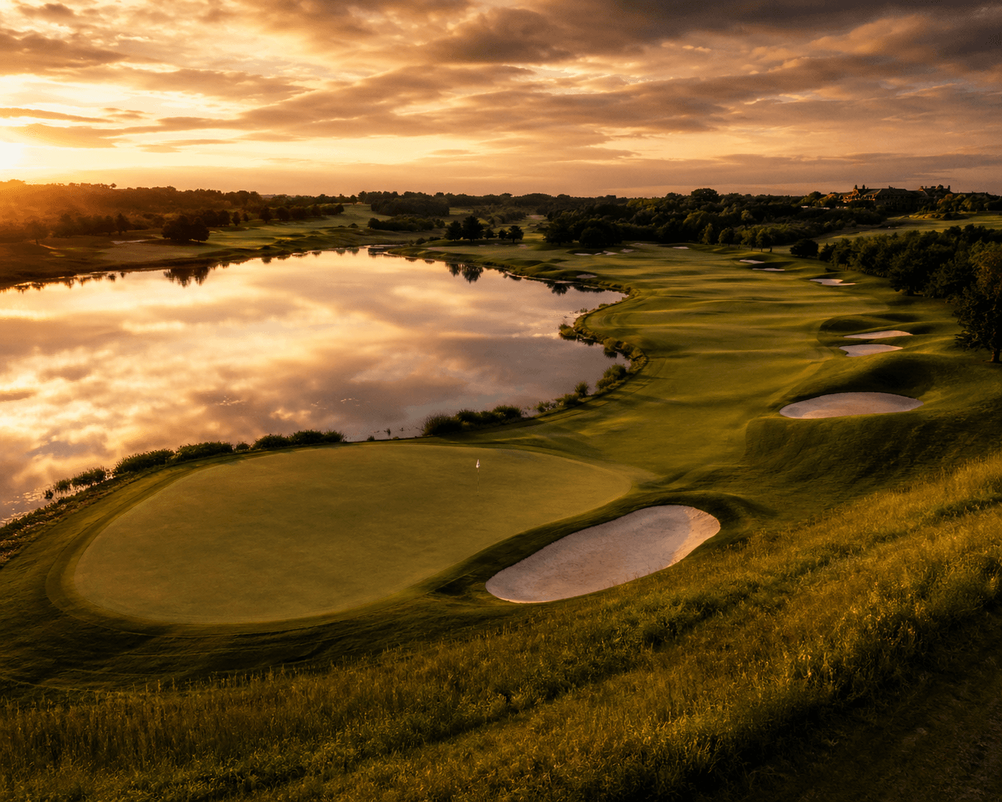 Championship golf course at golden hour